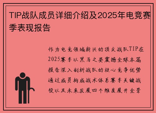TIP战队成员详细介绍及2025年电竞赛季表现报告